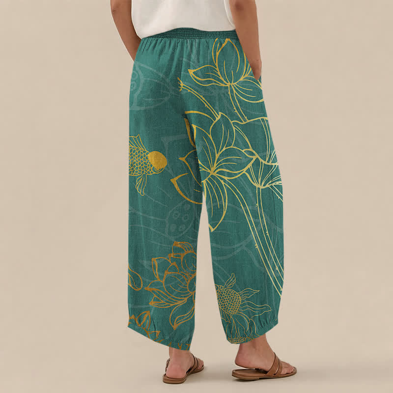 Buddha Stones Cotton Golden Lotus Koi Fish Pattern Pleated Elastic Waist Women's Harem Pants With Pockets - image 2