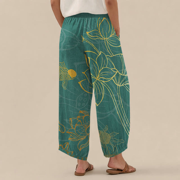 Buddha Stones Cotton Golden Lotus Koi Fish Pattern Pleated Elastic Waist Women's Harem Pants With Pockets - image 2