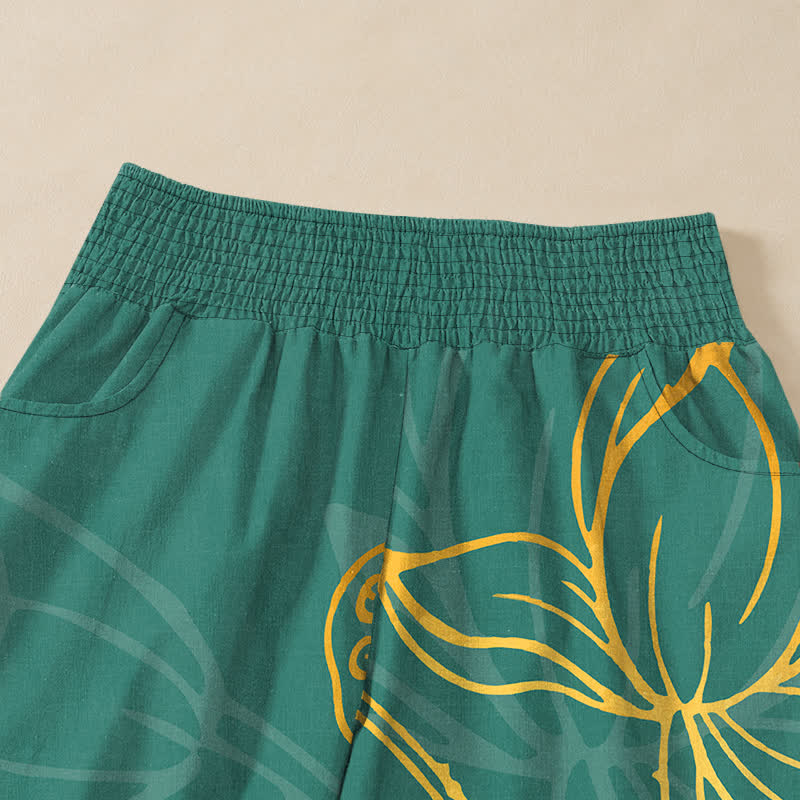 Buddha Stones Cotton Golden Lotus Koi Fish Pattern Pleated Elastic Waist Women's Harem Pants With Pockets - image 4