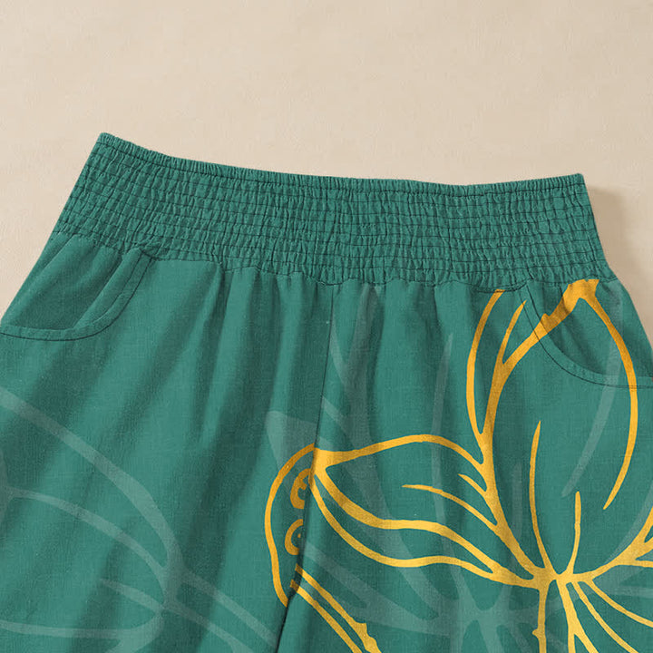 Buddha Stones Cotton Golden Lotus Koi Fish Pattern Pleated Elastic Waist Women's Harem Pants With Pockets - image 4