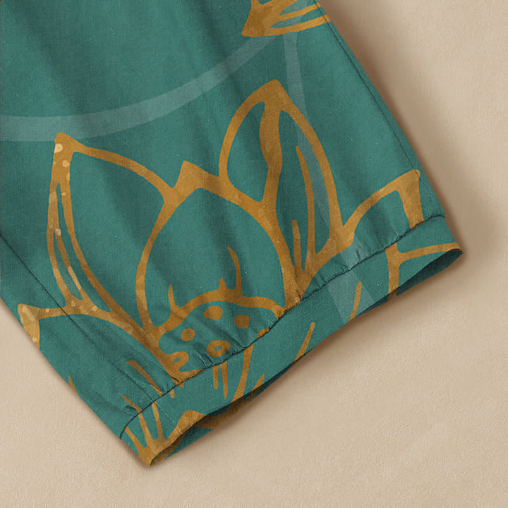 Buddha Stones Cotton Golden Lotus Koi Fish Pattern Pleated Elastic Waist Women's Harem Pants With Pockets - image 5
