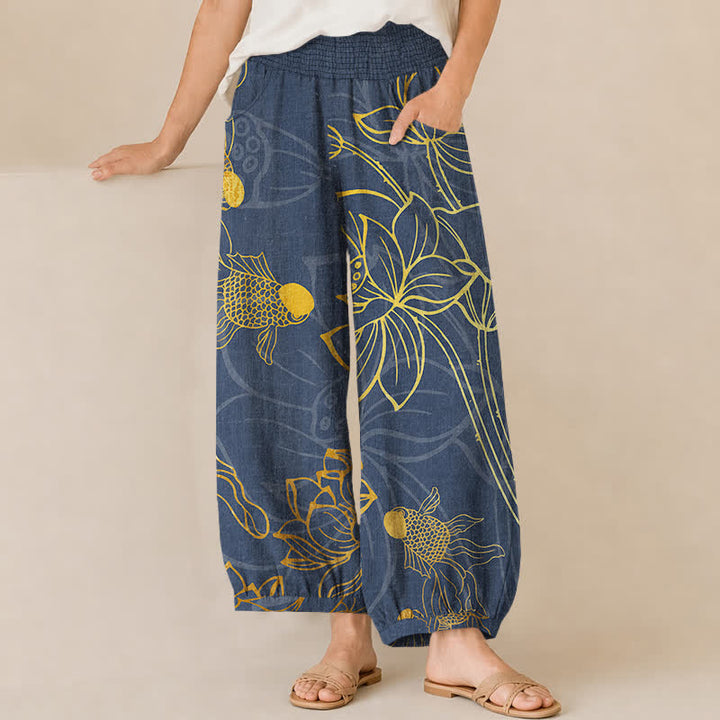 Buddha Stones Cotton Golden Lotus Koi Fish Pattern Pleated Elastic Waist Women's Harem Pants With Pockets - SteelBlue - US16，UK/AU20，EU48 (3XL) - image 6