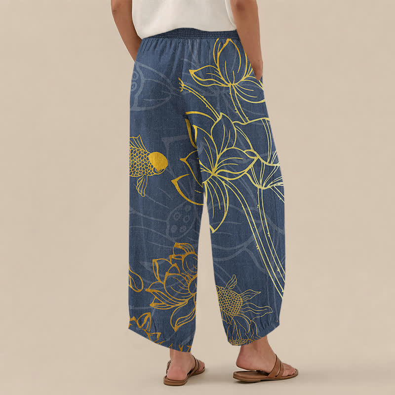 Buddha Stones Cotton Golden Lotus Koi Fish Pattern Pleated Elastic Waist Women's Harem Pants With Pockets - image 8