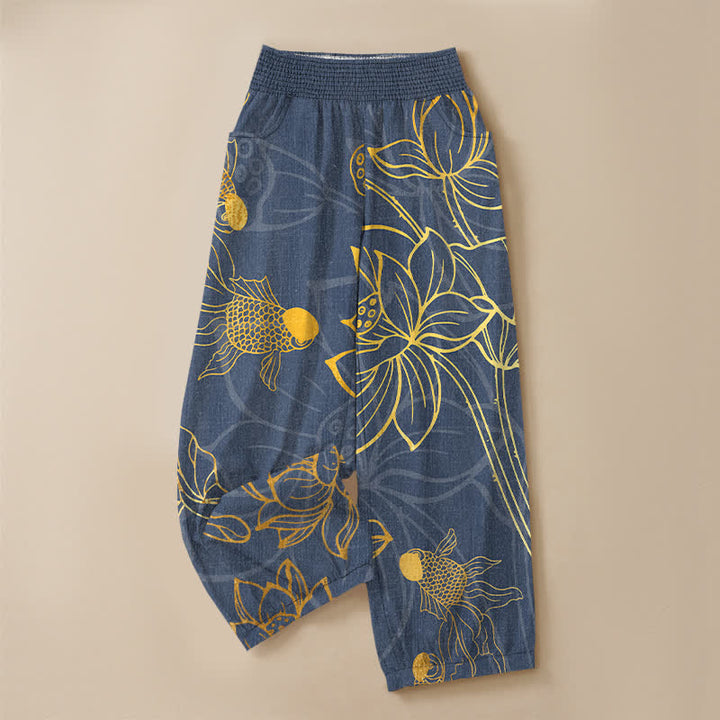 Buddha Stones Cotton Golden Lotus Koi Fish Pattern Pleated Elastic Waist Women's Harem Pants With Pockets - image 9