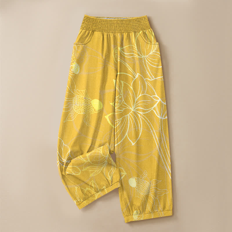 Buddha Stones Cotton Golden Lotus Koi Fish Pattern Pleated Elastic Waist Women's Harem Pants With Pockets - image 13