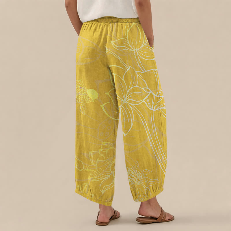 Buddha Stones Cotton Golden Lotus Koi Fish Pattern Pleated Elastic Waist Women's Harem Pants With Pockets - image 12