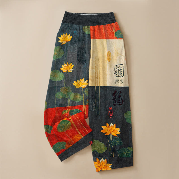 Buddha Stones Cotton Oriental Yellow Lotus Calligraphy Pattern Pleated Elastic Waist Women's Harem Pants With Pockets - image 3