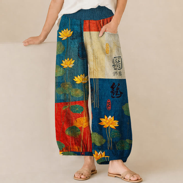 Buddha Stones Cotton Oriental Yellow Lotus Calligraphy Pattern Pleated Elastic Waist Women's Harem Pants With Pockets - SteelBlue - US16，UK/AU20，EU48 (3XL) - image 6