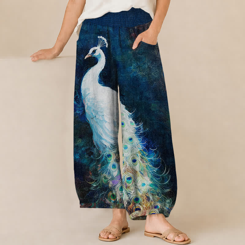 Buddha Stones Cotton White Peacock Feather Pattern Pleated Elastic Waist Women's Harem Pants With Pockets - Navy - US16，UK/AU20，EU48 (3XL) - image 0