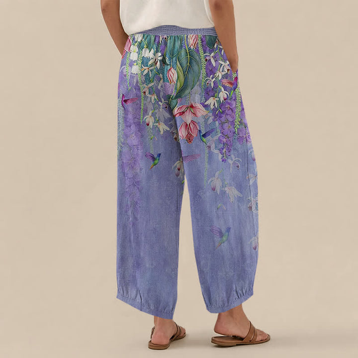 Buddha Stones Cotton Lavender Floral Hummingbird Garden Pattern Pleated Elastic Waist Women's Harem Pants With Pockets - image 2