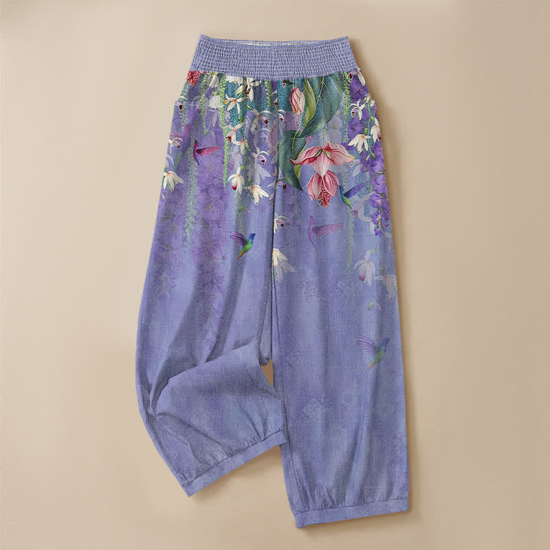 Buddha Stones Cotton Lavender Floral Hummingbird Garden Pattern Pleated Elastic Waist Women's Harem Pants With Pockets - image 3