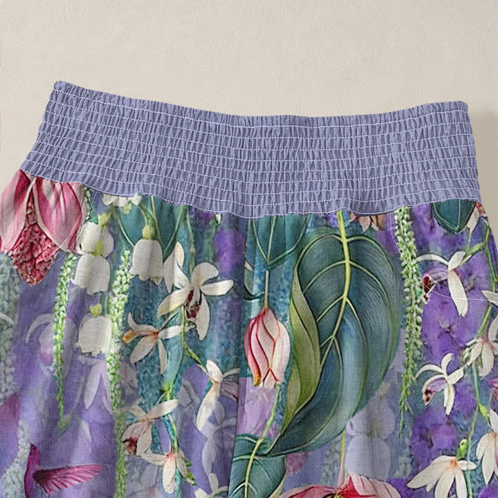Buddha Stones Cotton Lavender Floral Hummingbird Garden Pattern Pleated Elastic Waist Women's Harem Pants With Pockets - image 4