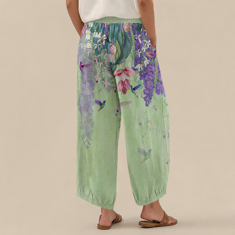 Buddha Stones Cotton Lavender Floral Hummingbird Garden Pattern Pleated Elastic Waist Women's Harem Pants With Pockets - image 8