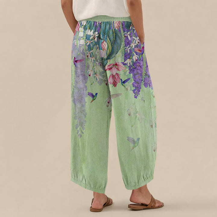 Buddha Stones Cotton Lavender Floral Hummingbird Garden Pattern Pleated Elastic Waist Women's Harem Pants With Pockets - image 8