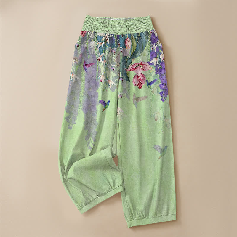 Buddha Stones Cotton Lavender Floral Hummingbird Garden Pattern Pleated Elastic Waist Women's Harem Pants With Pockets - image 9
