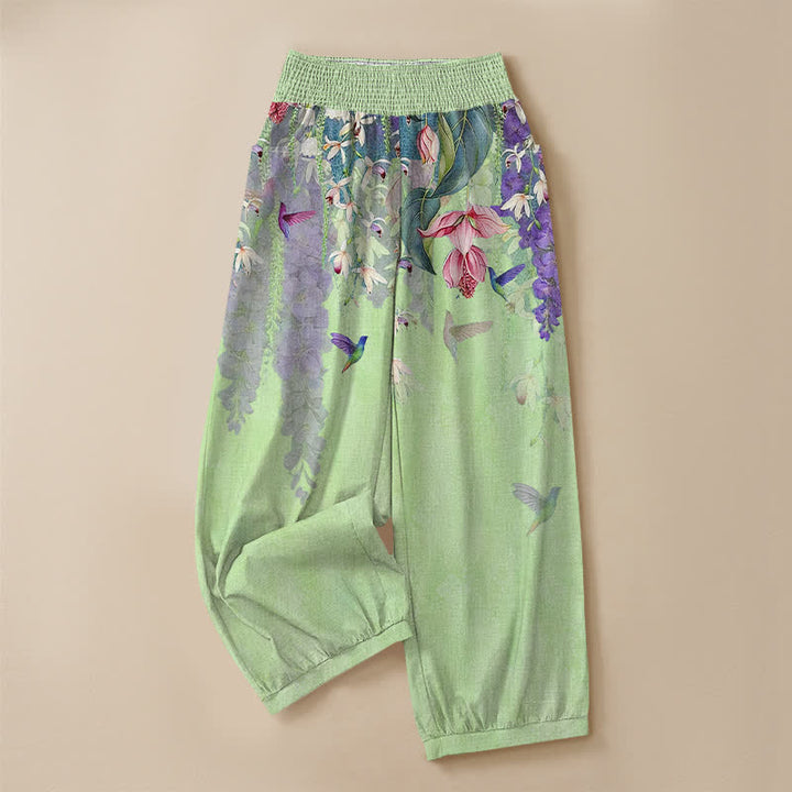 Buddha Stones Cotton Lavender Floral Hummingbird Garden Pattern Pleated Elastic Waist Women's Harem Pants With Pockets - image 9
