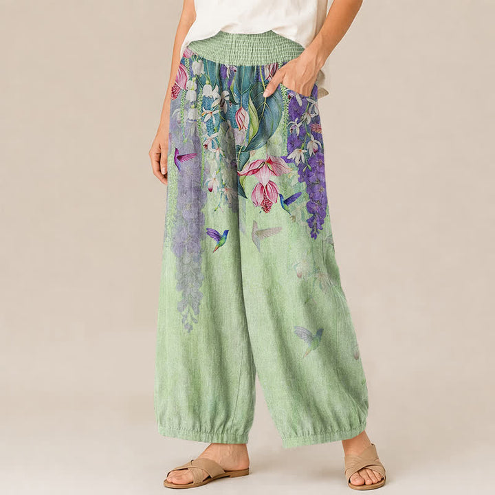 Buddha Stones Cotton Lavender Floral Hummingbird Garden Pattern Pleated Elastic Waist Women's Harem Pants With Pockets - image 7