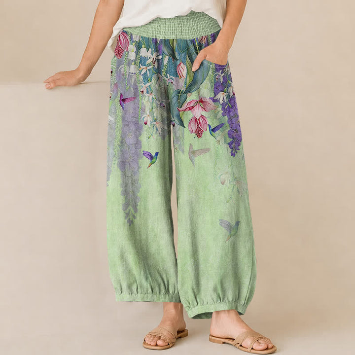 Buddha Stones Cotton Lavender Floral Hummingbird Garden Pattern Pleated Elastic Waist Women's Harem Pants With Pockets - LightGreen - US16，UK/AU20，EU48 (3XL) - image 6