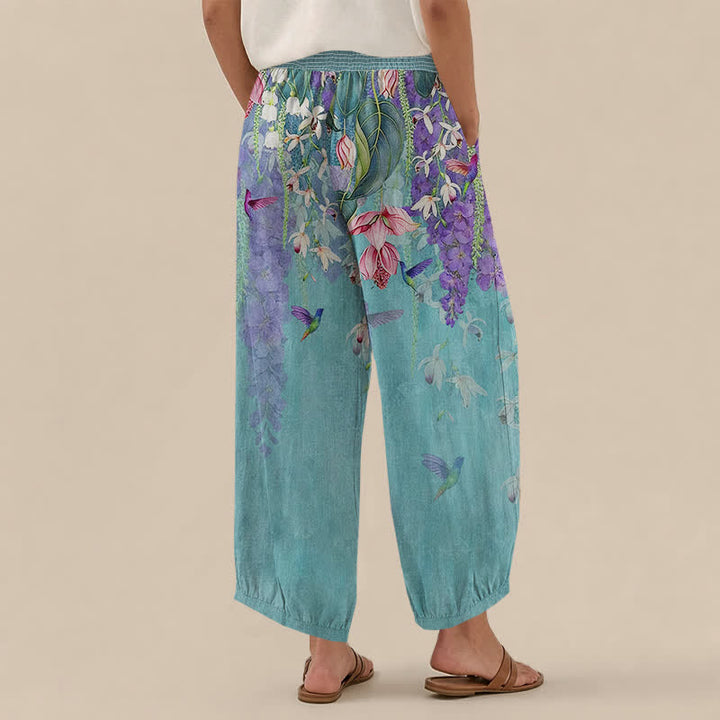 Buddha Stones Cotton Lavender Floral Hummingbird Garden Pattern Pleated Elastic Waist Women's Harem Pants With Pockets - image 12