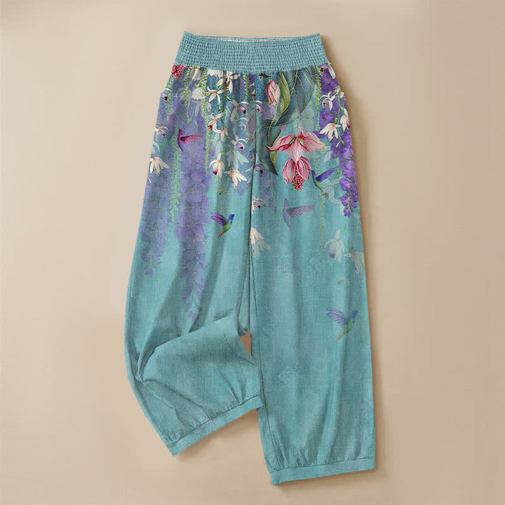 Buddha Stones Cotton Lavender Floral Hummingbird Garden Pattern Pleated Elastic Waist Women's Harem Pants With Pockets - image 13