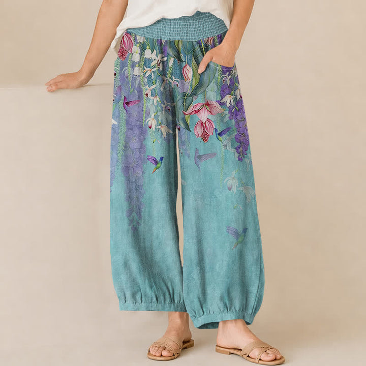 Buddha Stones Cotton Lavender Floral Hummingbird Garden Pattern Pleated Elastic Waist Women's Harem Pants With Pockets - Turquoise - US16，UK/AU20，EU48 (3XL) - image 10