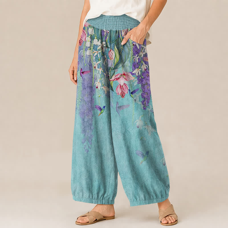 Buddha Stones Cotton Lavender Floral Hummingbird Garden Pattern Pleated Elastic Waist Women's Harem Pants With Pockets - image 11
