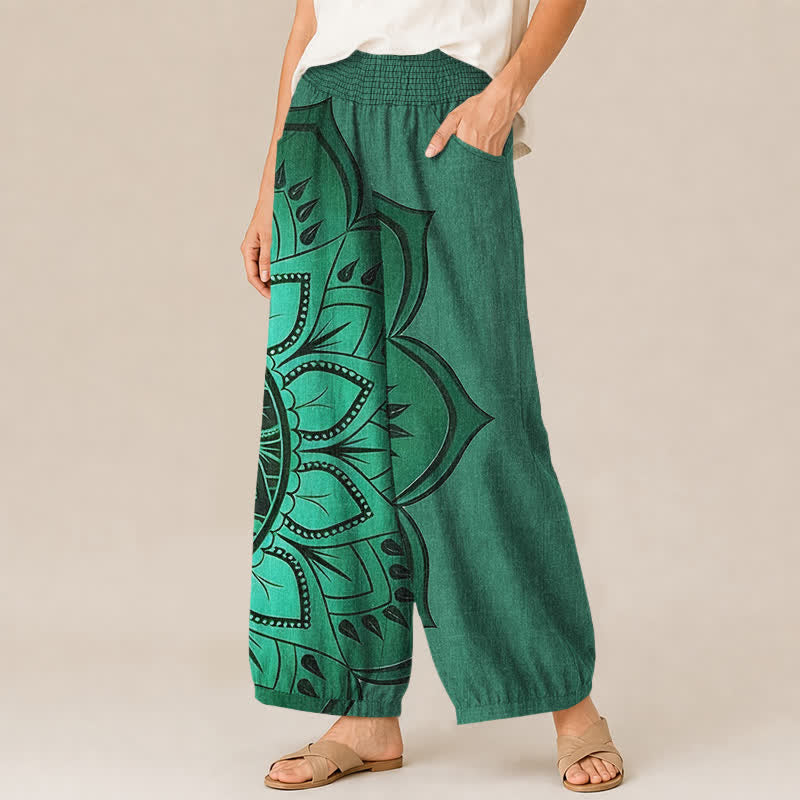 Buddha Stones Cotton Bohemian Mandala Floral Pattern Pleated Elastic Waist Women's Harem Pants With Pockets - image 7