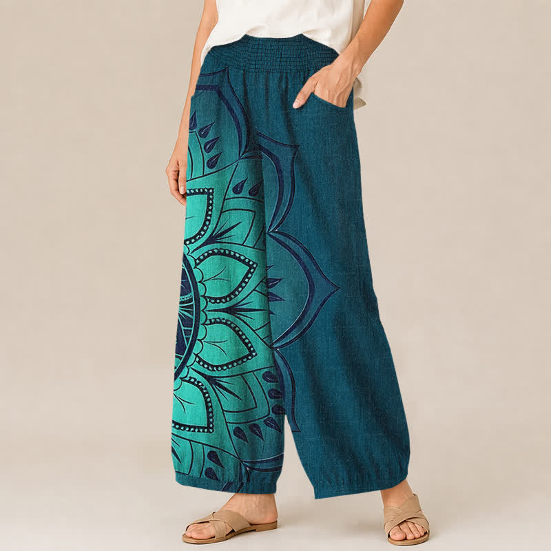 Buddha Stones Cotton Bohemian Mandala Floral Pattern Pleated Elastic Waist Women's Harem Pants With Pockets - image 11