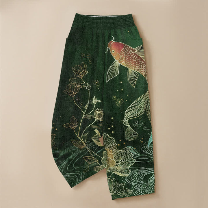 Buddha Stones Cotton Red Koi Fish Lotus Ripple Pattern Pleated Elastic Waist Women's Harem Pants With Pockets - image 9