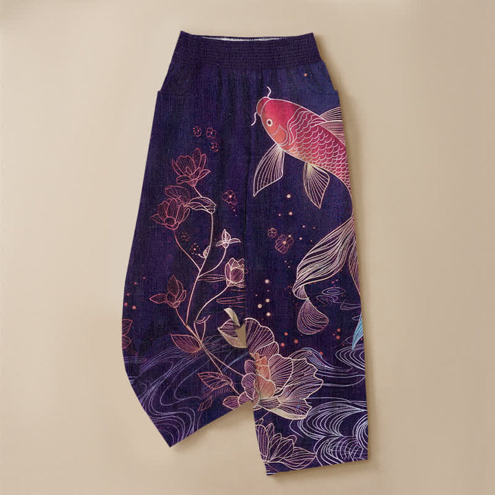 Buddha Stones Cotton Red Koi Fish Lotus Ripple Pattern Pleated Elastic Waist Women's Harem Pants With Pockets - image 13