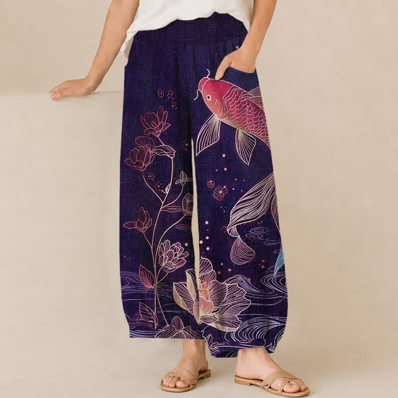 Buddha Stones Cotton Red Koi Fish Lotus Ripple Pattern Pleated Elastic Waist Women's Harem Pants With Pockets - Indigo - US16，UK/AU20，EU48 (3XL) - image 10