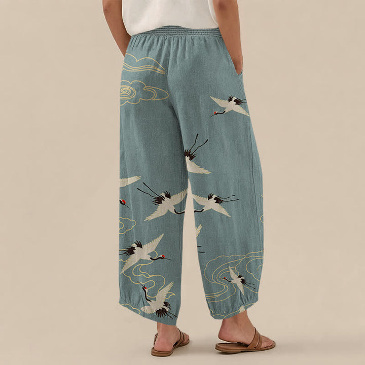 Buddha Stones Cotton Oriental White Crane Clouds Pattern Pleated Elastic Waist Women's Harem Pants With Pockets - image 2