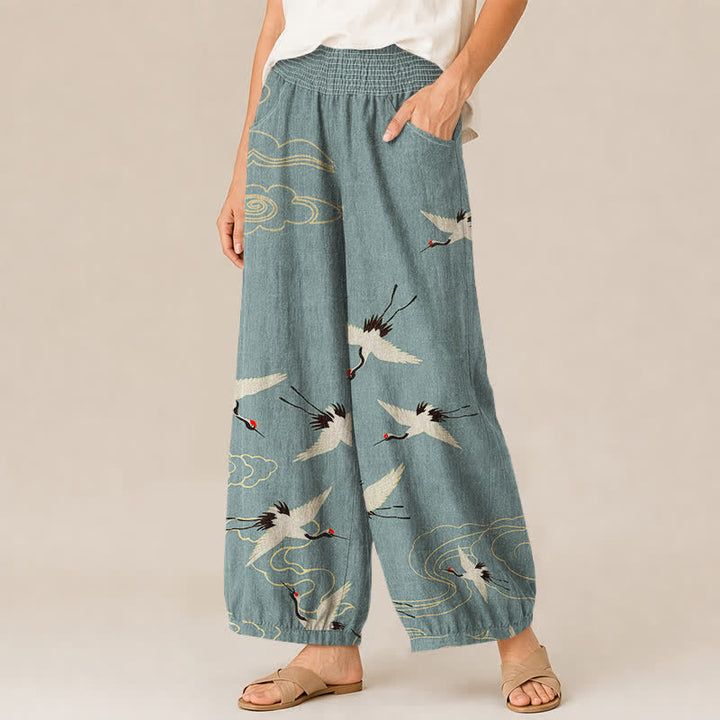 Buddha Stones Cotton Oriental White Crane Clouds Pattern Pleated Elastic Waist Women's Harem Pants With Pockets - image 1