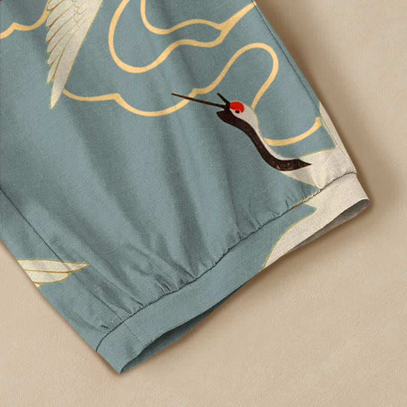 Buddha Stones Cotton Oriental White Crane Clouds Pattern Pleated Elastic Waist Women's Harem Pants With Pockets - image 5