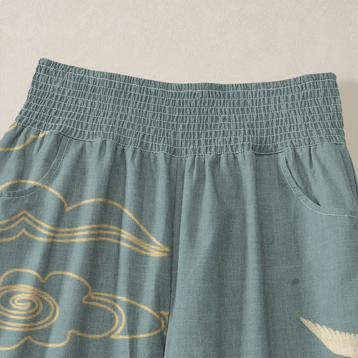 Buddha Stones Cotton Oriental White Crane Clouds Pattern Pleated Elastic Waist Women's Harem Pants With Pockets - image 4