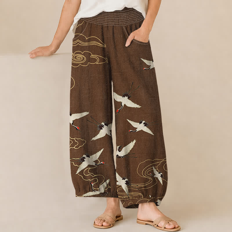 Buddha Stones Cotton Oriental White Crane Clouds Pattern Pleated Elastic Waist Women's Harem Pants With Pockets - SaddleBrown - US16，UK/AU20，EU48 (3XL) - image 6