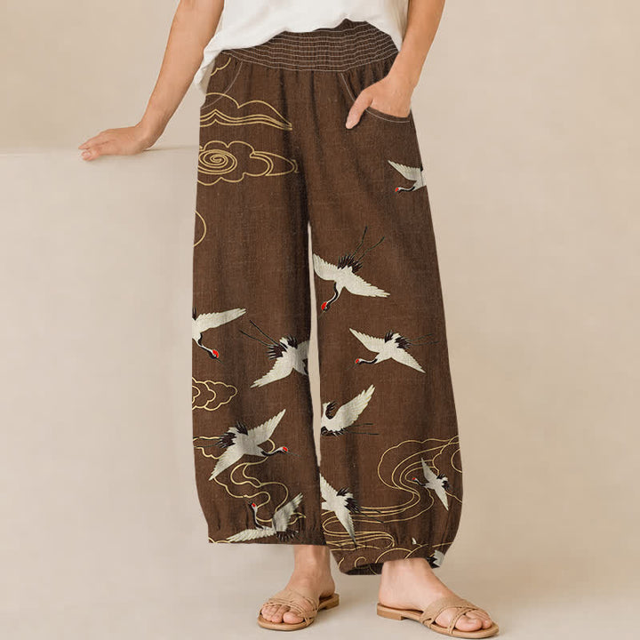 Buddha Stones Cotton Oriental White Crane Clouds Pattern Pleated Elastic Waist Women's Harem Pants With Pockets - SaddleBrown - US16，UK/AU20，EU48 (3XL) - image 6