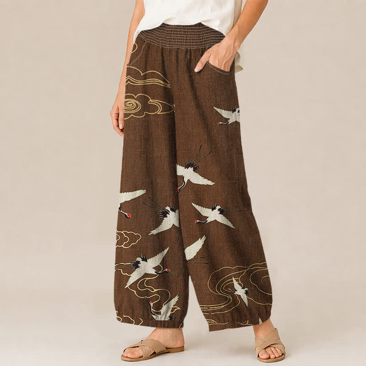 Buddha Stones Cotton Oriental White Crane Clouds Pattern Pleated Elastic Waist Women's Harem Pants With Pockets - image 7