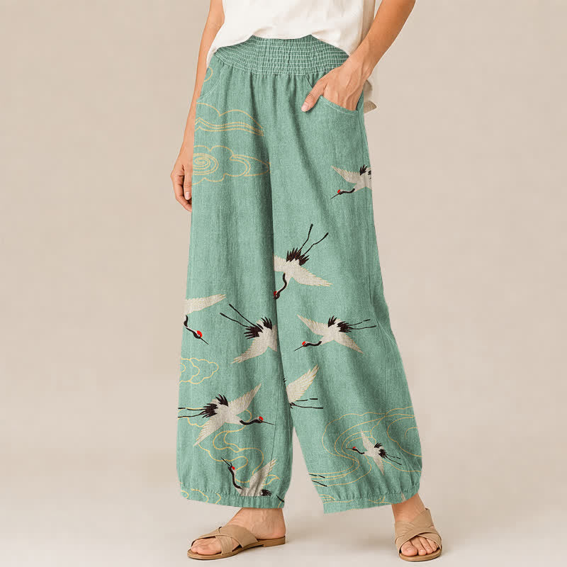 Buddha Stones Cotton Oriental White Crane Clouds Pattern Pleated Elastic Waist Women's Harem Pants With Pockets - image 11
