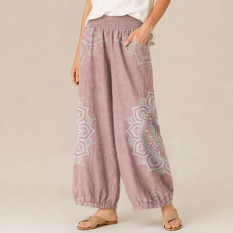 Buddha Stones Cotton Bohemian White Mandala Floral Pattern Pleated Elastic Waist Women's Harem Pants With Pockets - image 1