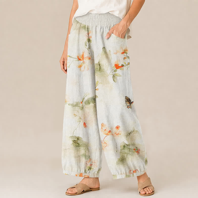Buddha Stones Cotton Watercolor Floral Butterfly Pattern Pleated Elastic Waist Women's Harem Pants With Pockets - image 1