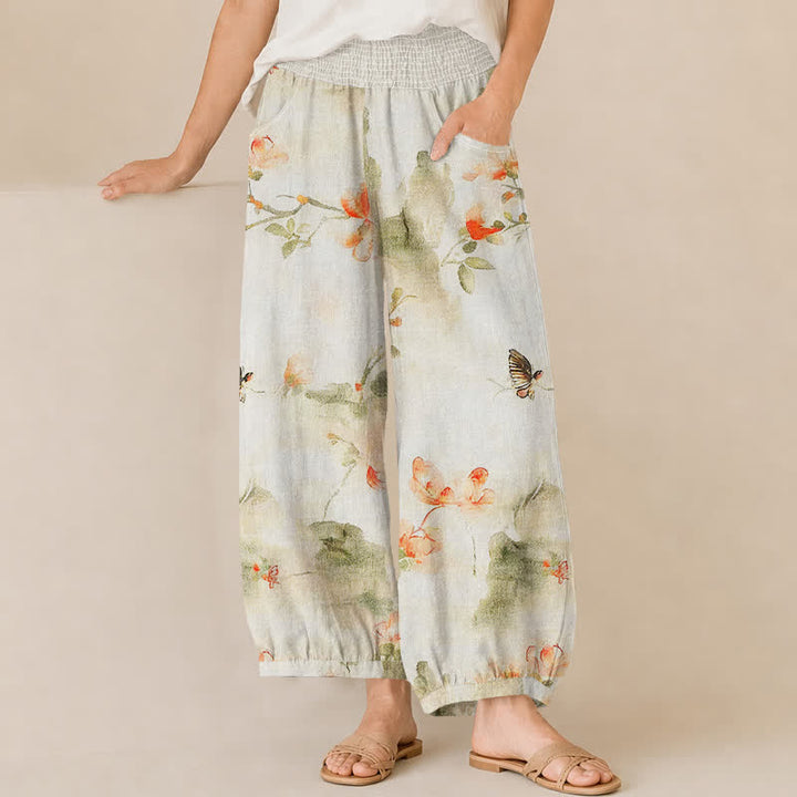 Buddha Stones Cotton Watercolor Floral Butterfly Pattern Pleated Elastic Waist Women's Harem Pants With Pockets - Ivory - US16，UK/AU20，EU48 (3XL) - image 0