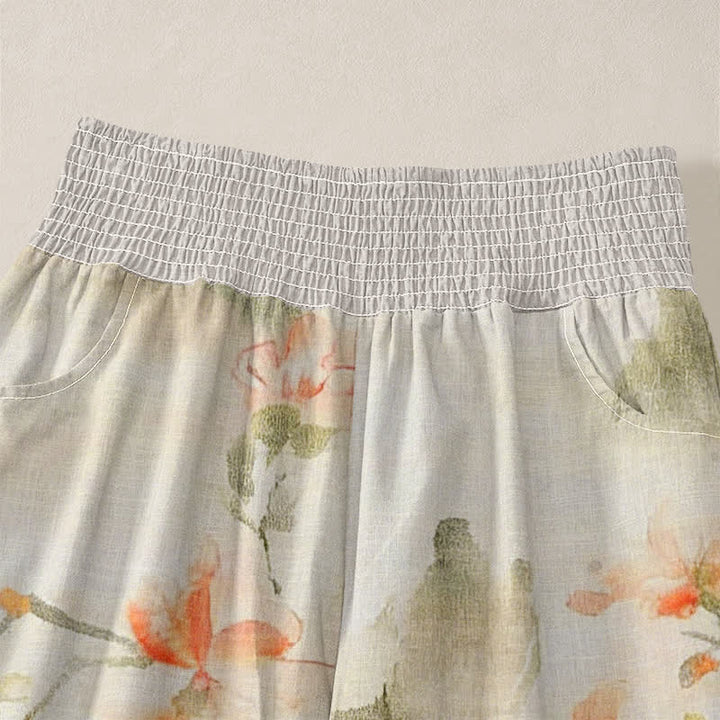 Buddha Stones Cotton Watercolor Floral Butterfly Pattern Pleated Elastic Waist Women's Harem Pants With Pockets - image 4