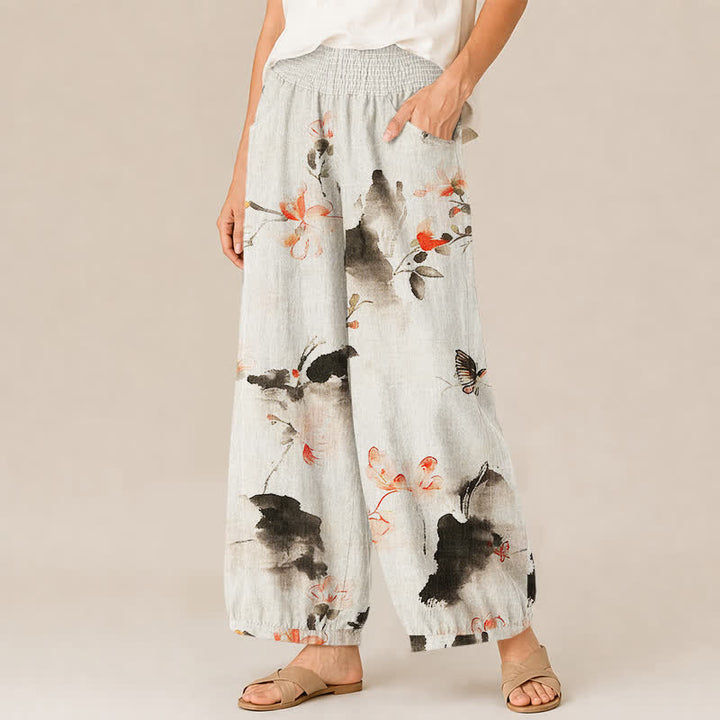 Buddha Stones Cotton Watercolor Floral Butterfly Pattern Pleated Elastic Waist Women's Harem Pants With Pockets - image 7