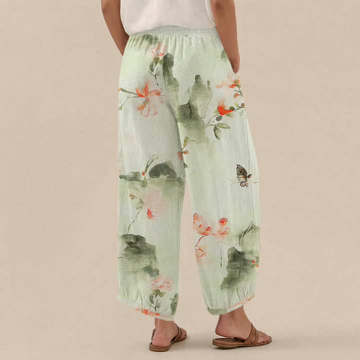 Buddha Stones Cotton Watercolor Floral Butterfly Pattern Pleated Elastic Waist Women's Harem Pants With Pockets - image 12