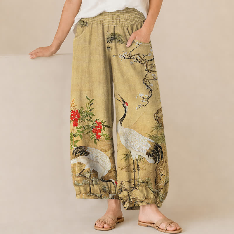 Buddha Stones Cotton Oriental White Crane Red Blossom Pattern Pleated Elastic Waist Women's Harem Pants With Pockets - Tan - US16，UK/AU20，EU48 (3XL) - image 0