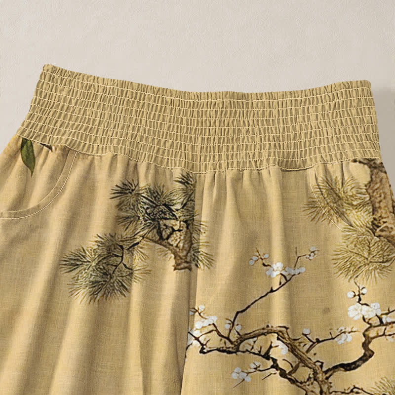 Buddha Stones Cotton Oriental White Crane Red Blossom Pattern Pleated Elastic Waist Women's Harem Pants With Pockets - image 4