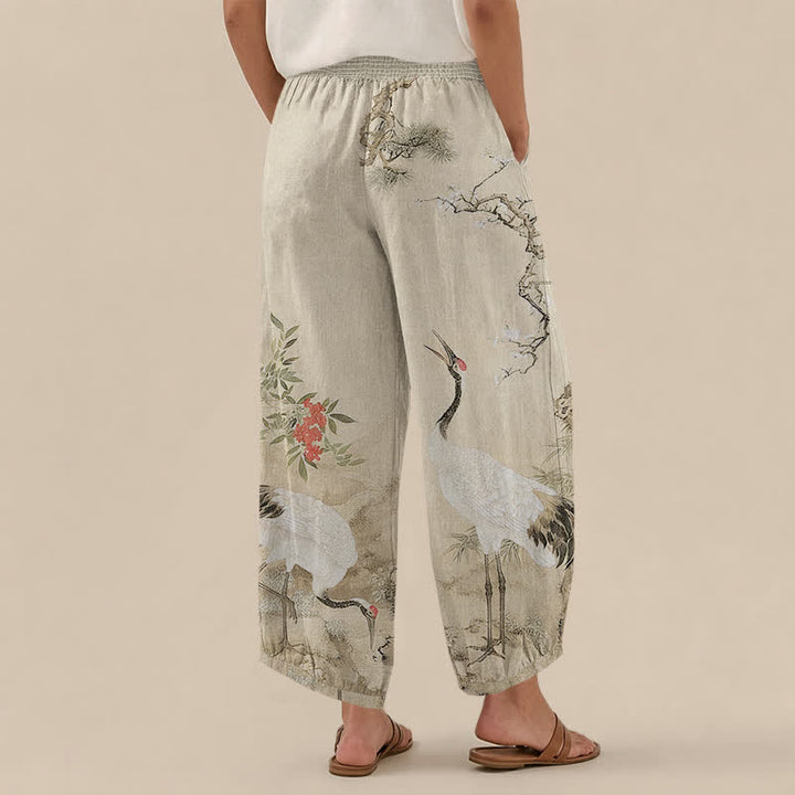 Buddha Stones Cotton Oriental White Crane Red Blossom Pattern Pleated Elastic Waist Women's Harem Pants With Pockets - image 8