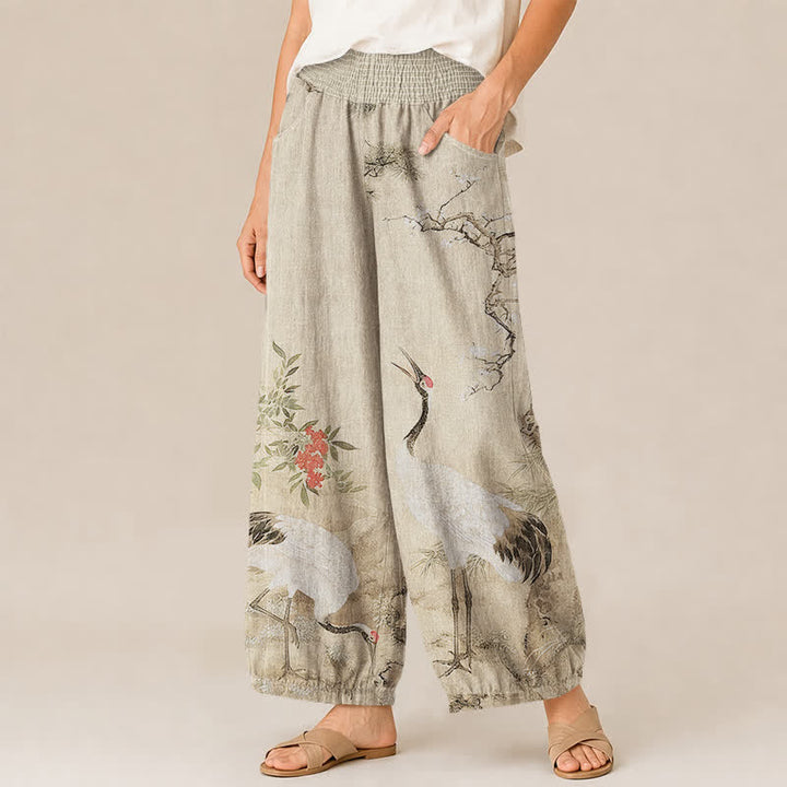 Buddha Stones Cotton Oriental White Crane Red Blossom Pattern Pleated Elastic Waist Women's Harem Pants With Pockets - image 7