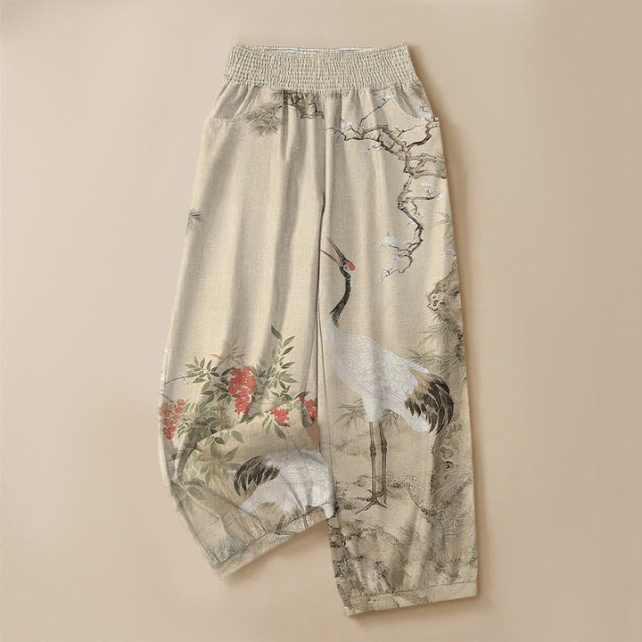 Buddha Stones Cotton Oriental White Crane Red Blossom Pattern Pleated Elastic Waist Women's Harem Pants With Pockets - image 9